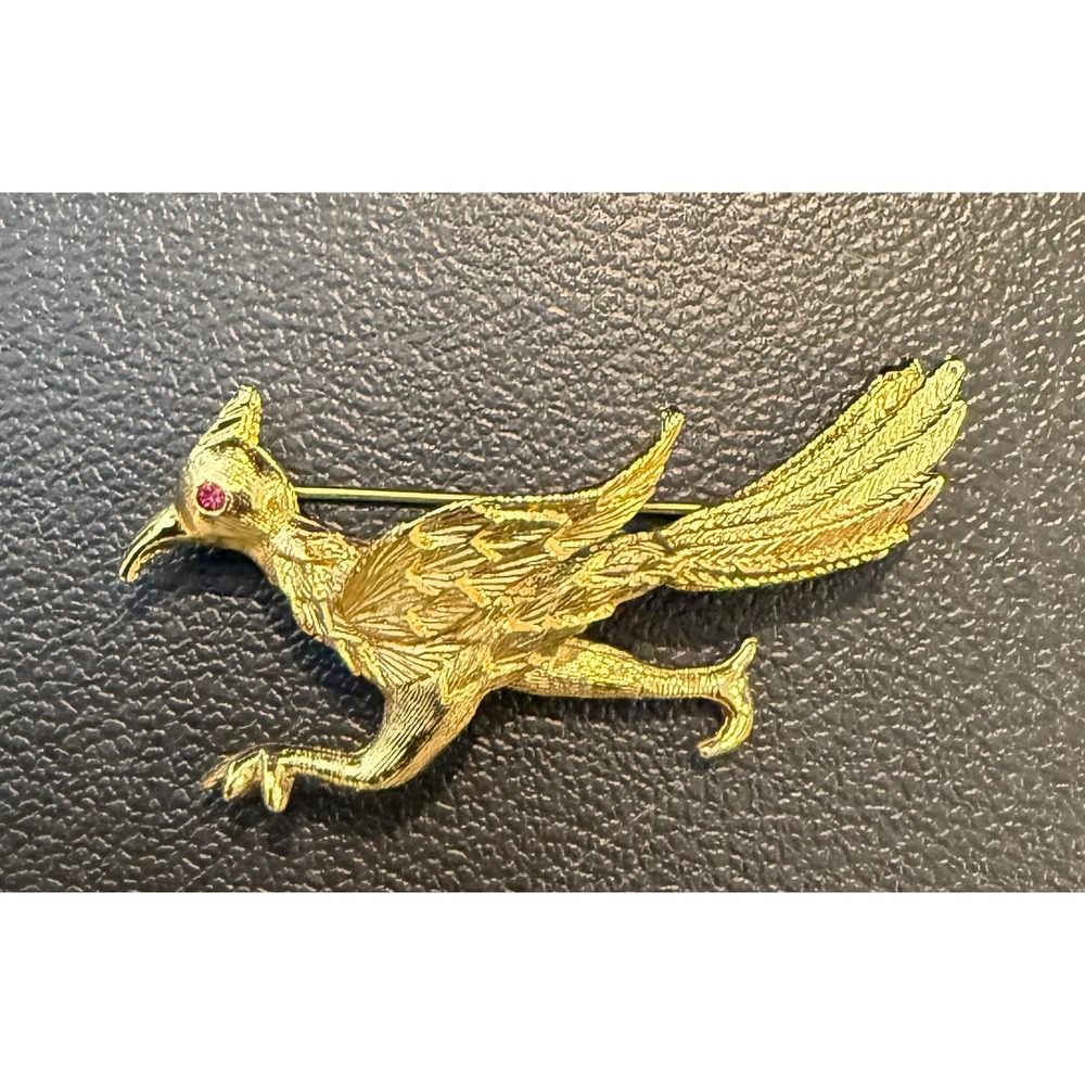 Womens Brooch Gold Tone Roadrunner Bird Redā Rhinestone Eye Vintage Southwestern